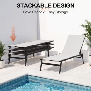 Pool Lounge Chair Set of 2, Stackable Outdoor Lounge Chairs (Oatmeal Gray)