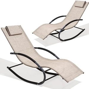 Crestlive Products Patio Rocking Chair Curved Rocker Chaise Lounge Chair with Pillow for Beach Yard Pool Outdoor Indoor, Gray Steel Frame (2 PCS Beige)