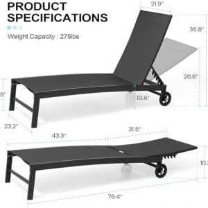 Pool Lounge Chairs with Wheels, Chaise Lounge Outdoor Set of 2 (Black)