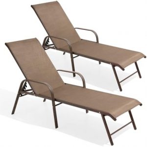 Crestlive Products Chaise Lounge Chair Outdoor with Armrests, Pool Lounge Chairs Set of 2, Aluminum Adjustable 5 Positions Sun Tanning Lounger for Patio, Poolside, Yard, Deck, Backyard (Brown)