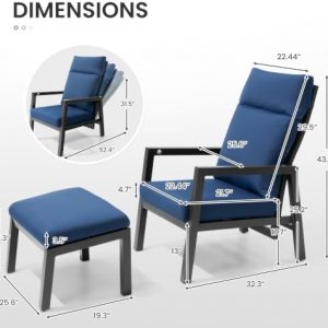Aluminum Outdoor Patio Chair with Ottoman, Pneumatic Adjustable, Navy Blue