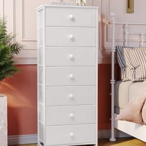 Fabric Dresser for Bedroom, 7-Drawer Tall Vertical Storage Tower (White)