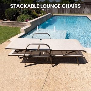 Crestlive Products Chaise Lounge Chair Outdoor with Armrests, Pool Lounge Chairs Set of 2, Aluminum Adjustable 5 Positions Sun Tanning Lounger for Patio, Poolside, Yard, Deck, Backyard (Beige)