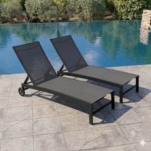 Pool Lounge Chairs with Wheels, Chaise Lounge Outdoor Set of 2 (Black)