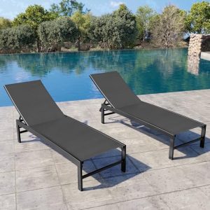 Crestlive Products Chaise Lounge Chair Outdoor Set of 2, Adjustable 5 Positions Pool Lounge Chairs, Metal Tanning Recliner, Outdoor Furniture All Weather for Patio, Beach, Yard, Pool（Black）