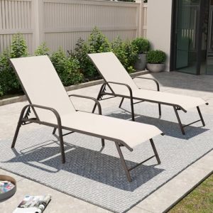 Crestlive Products Chaise Lounge Chair Outdoor with Armrests, Pool Lounge Chairs Set of 2, Aluminum Adjustable 5 Positions Sun Tanning Lounger for Patio, Poolside, Yard, Deck, Backyard (Champagne)