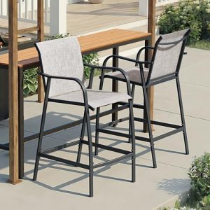Crestlive Products Outdoor Bar Stools Set of 2, Bar Height Patio Chairs, Heavy Duty Tall Chairs Barstools with Armrest and Footrest, Textilene Fabric for Kitchen, Backyard, Bistro, Poolside (Gray)