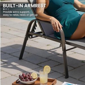 Crestlive Products Outdoor Chaise Lounge Chair,5-Position Pool Lounge Chairs with Armrests Sunbathing Recliner for Patio, Beach, Deck, Yard (2PC Gray)