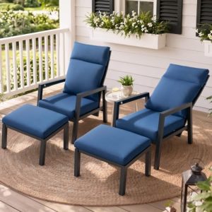 Aluminum Outdoor Patio Chairs with Ottoman Set of 2, Pneumatic, Navy Blue
