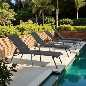 Crestlive Products Outdoor Chaise Lounge Chair, 5-Position Pool Lounge Chairs with Armrests Sunbathing Recliner for Patio, Beach, Deck, Yard (4PC Black)