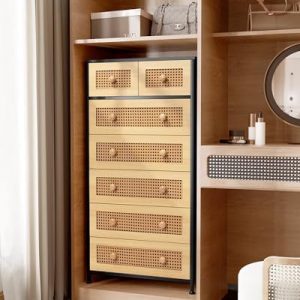 Crestlive Products Rattan Dresser Tall Storage Tower, Chests of Drawers, Easy Pull Fabric Bins, Wood Handles - Organizer Unit for Bedroom, Entryway, Closets - 7 Natural Drawers, Black Top & Frame