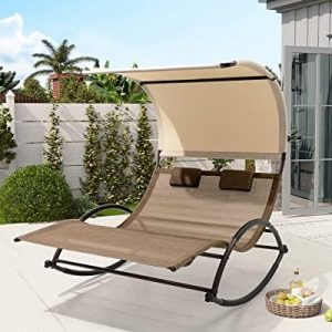 Crestlive Products Outdoor Double Chaise Lounge Chair with Canopy & Wheels, 2 Person Patio Rocking Lounge Chair with Headrests & Sun Shade for Backyard, Poolside, Garden (Brown)