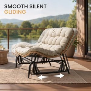 Outdoor Glider Bench 2-Person Rattan Patio Glider with Soft Cushion(Beige)