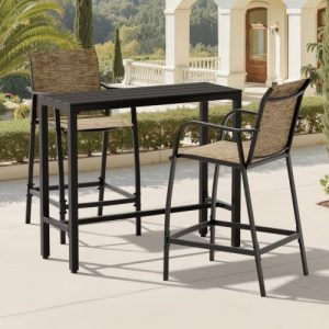Outdoor Bar Table and Chairs Set of 3, Mesh Seat Patio Counter Stools