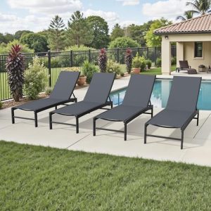 Crestlive Products Chaise Lounge Chair Outdoor Set of 4, Adjustable 5 Positions Pool Lounge Chairs, Metal Tanning Recliner, Outdoor Furniture All Weather for Patio, Beach, Yard, Pool(Dark Grey)