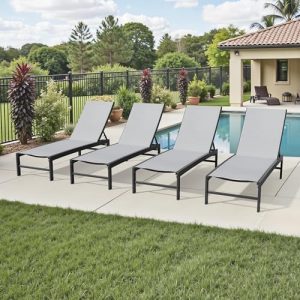 Crestlive Products Chaise Lounge Chair Outdoor Set of 4, Adjustable 5 Positions Pool Lounge Chairs, Metal Tanning Recliner, Outdoor Furniture All Weather for Patio, Beach, Yard, Pool(Light Grey)