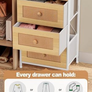 Crestlive Products Rattan Dresser, Tall Fabric Storage Tower, Chests of Drawers with Handles - Organizer Unit for Bedroom, Hallway, Entryway, Closets - 5 Drawers (Natural Drawers, White Top & Frame)