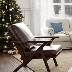 Crestlive Products Mid-Century Accent Armchair, Farmhouse Upholstered Wooden Lounge Chair with Cushions for Living Room, Bedroom, Dorm (Brown)