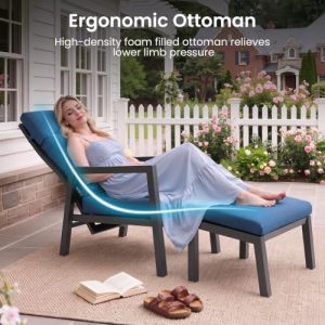 Aluminum Outdoor Patio Chair with Ottoman, Pneumatic Adjustable, Navy Blue