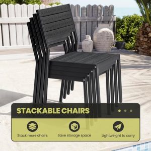 Crestlive Products Stackable Outdoor Dining Chairs Set of 2, All Weather Armless Patio Chairs with Aluminum Frame Woodgrain Seat and Back for Lawn Garden Backyard Deck Porch Yard, Black