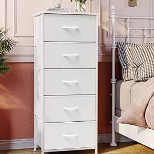 Tall Dresser Vertical Fabric Storage Tower Organizer, 5 Drawers (White)