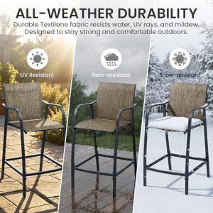 Crestlive Products Outdoor Bar Stools Set of 4, Heavy Duty Patio Furniture, Bar Height Tall Chairs with Armrest and Footrest, Textilene Fabric for Bistro, Lawn, Poolside, Backyard, Kitchen (Brown)