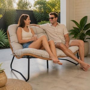 Outdoor Loveseat with Soft Cushion，Boho Rattan Patio 2-Seat Sofa (Beige)