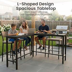 Outdoor Bar Table and Chairs Set of 5, Corner Pub Set with 4 Stools