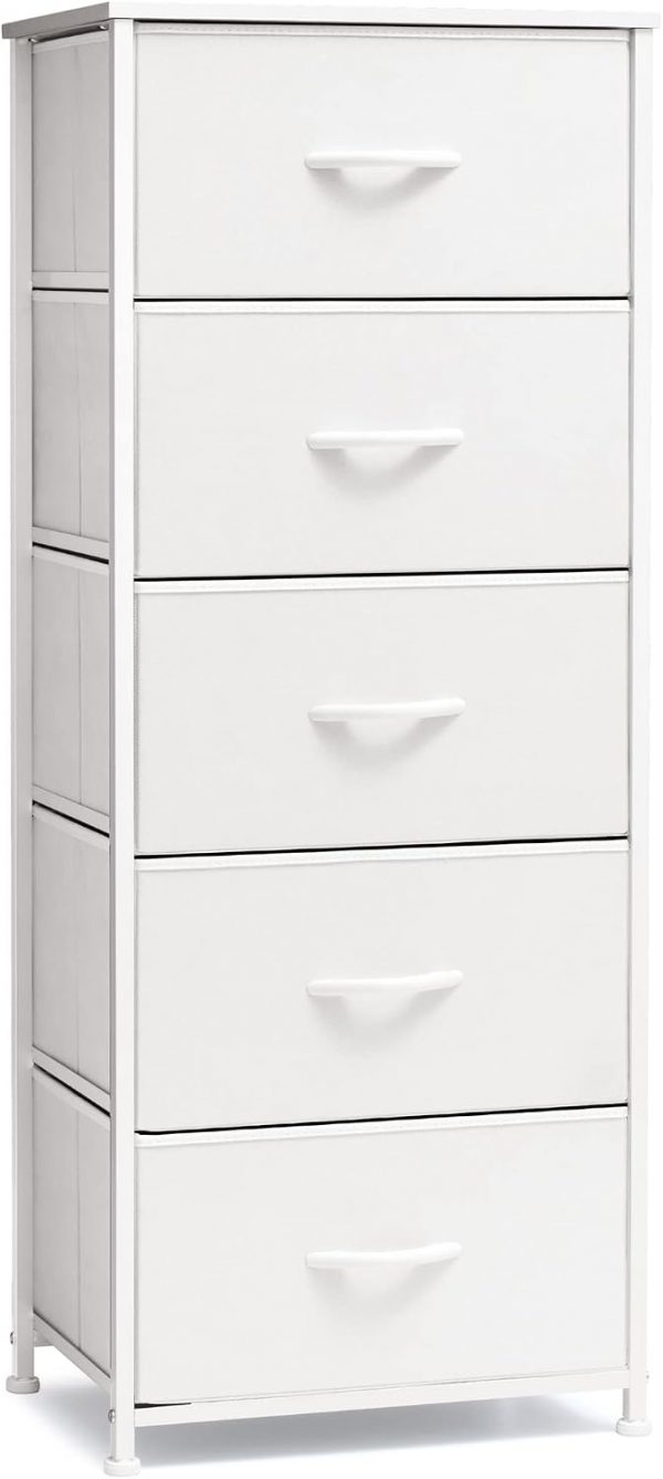 Tall Dresser Vertical Fabric Storage Tower Organizer, 5 Drawers (White)