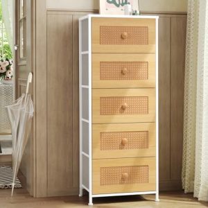 Crestlive Products Rattan Dresser, Tall Fabric Storage Tower, Chests of Drawers with Handles - Organizer Unit for Bedroom, Hallway, Entryway, Closets - 5 Drawers (Natural Drawers, White Top & Frame)