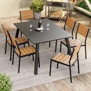 Crestlive Products Stackable Aluminum Outdoor Dining Chair, Patio Chair with Wood Grain WPC Seat & Back, Modern All-Weather Armless Chairs for Patio, Backyard, Poolside, Brown