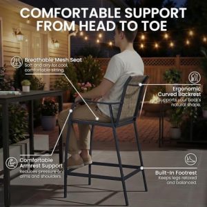 Outdoor Bar Table and Chairs Set of 3, Mesh Seat Patio Counter Stools