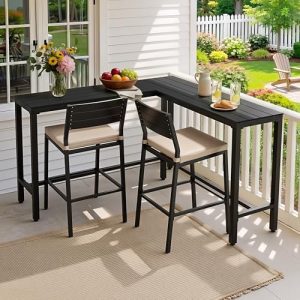Outdoor Bar Table, 55" L-Shaped Pub Table with Slatted Waterproof Top