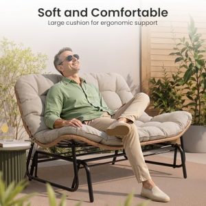 Outdoor Glider Bench 2-Person Rattan Patio Glider with Soft Cushion(Beige)