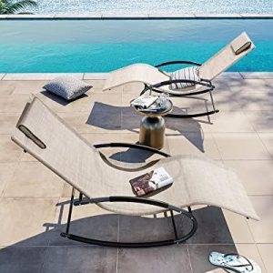 Crestlive Products Patio Rocking Chair Curved Rocker Chaise Lounge Chair with Pillow for Beach Yard Pool Outdoor Indoor, Gray Steel Frame (2 PCS Beige)