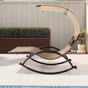Crestlive Products Outdoor Double Chaise Lounge Chair with Canopy & Wheels, 2 Person Patio Rocking Lounge Chair with Headrests & Sun Shade for Backyard, Poolside, Garden (Brown)