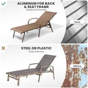 Crestlive Products Chaise Lounge Chair Outdoor with Armrests, Pool Lounge Chairs Set of 2, Aluminum Adjustable 5 Positions Sun Tanning Lounger for Patio, Poolside, Yard, Deck, Backyard (Brown)