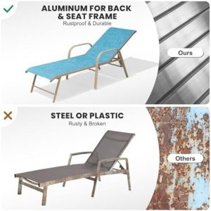 Crestlive Products Chaise Lounge Chair Outdoor with Armrests, Pool Lounge Chairs Set of 2, Aluminum Adjustable 5 Positions Sun Tanning Lounger for Patio, Poolside, Yard, Deck, Backyard (Blue)