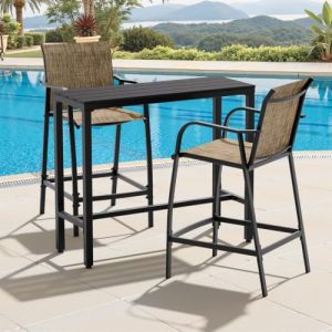 Outdoor Bar Table and Chairs Set of 3, Mesh Seat Patio Counter Stools
