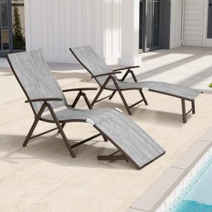 Lounge Chair Outdoor, Folding Pool Chaise Chairs Set of 2 (Black Gray)