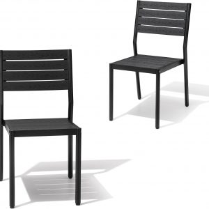 Crestlive Products Stackable Outdoor Dining Chairs Set of 2, All Weather Armless Patio Chairs with Aluminum Frame Woodgrain Seat and Back for Lawn Garden Backyard Deck Porch Yard, Black