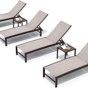 Crestlive Products 4PCS Chaise Lounge Chairs Outdoor with 2PCS Side Tables, Aluminum Patio Lounge Set, Adjustable Five-Position Recliner for Beach, Pool, Sunbathing, Lawn, Yard