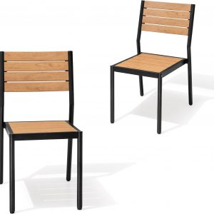 Crestlive Products Stackable Aluminum Outdoor Dining Chair, Patio Chair with Wood Grain WPC Seat & Back, Modern All-Weather Armless Chairs for Patio, Backyard, Poolside, Brown