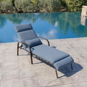 Lounge Chair Outdoor with Cushion & Pillow, Pool Chaise Chairs (Dark Blue)