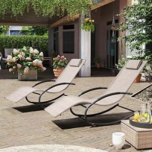 Crestlive Products Patio Rocking Chair Curved Rocker Chaise Lounge Chair with Pillow for Beach Yard Pool Outdoor Indoor, Gray Steel Frame (2 PCS Beige)