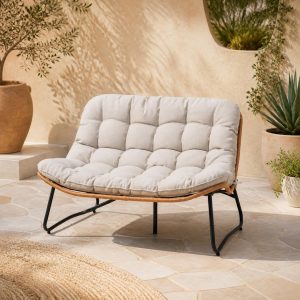 Outdoor Loveseat with Soft Cushion，Boho Rattan Patio 2-Seat Sofa (Beige)