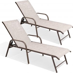 Crestlive Products Chaise Lounge Chair Outdoor with Armrests, Pool Lounge Chairs Set of 2, Aluminum Adjustable 5 Positions Sun Tanning Lounger for Patio, Poolside, Yard, Deck, Backyard (Beige)