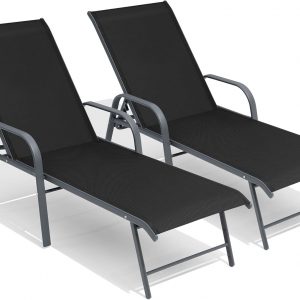 Crestlive Products Lounge Chair Outdoor with Armrests, Pool Lounge Chairs Set of 2, Aluminum Adjustable 5 Positions Tanning Chairs for Outside, Patio, Poolside, Yard, Deck, Backyard (Black)
