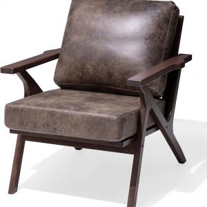 Crestlive Products Mid-Century Accent Armchair, Farmhouse Upholstered Wooden Lounge Chair with Cushions for Living Room, Bedroom, Dorm (Brown)