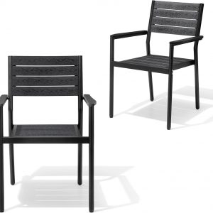 Crestlive Products Outdoor Dining Chairs Set of 2, Aluminum Stackable Patio Chairs with Arm for Lawn Garden Backyard Deck Porch Yard, Black